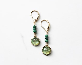 Emerald Earrings • Vintage Glass • Green Drop Earrings • Dark Green Earrings