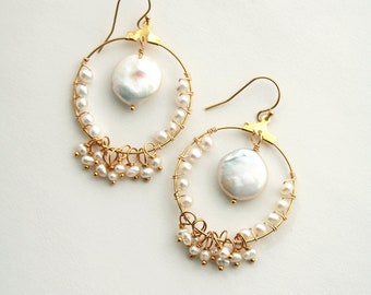 Coin Pearl Earrings, Bohemian Wedding Earrings, Boho Bride, Pearl Earrings