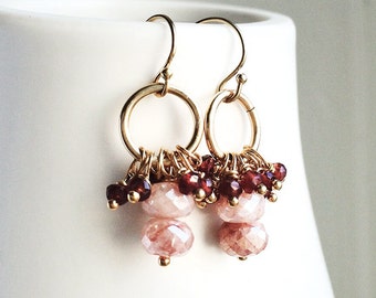 Peach Moonstone Earrings, Garnet Jewelry, Red Dangle Earrings, Gemstone Jewellery