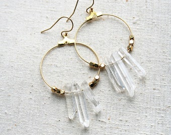 Crystal Earrings, Boho Hoop Earrings, Bohemian Earrings, Raw Crystal Earrings