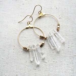 Boho Crystal Hoop Earrings: Raw Quartz, 14K Gold-Plated