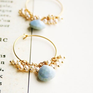 Blue Opal Earrings, Wedding Jewelry, Something Blue Pearl Earrings, Light Blue Bridal Hoops