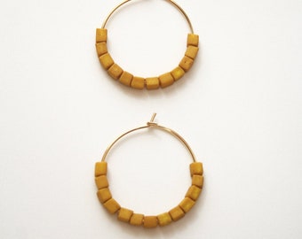 Honeycomb Yellow Earrings, Mustard Yellow, Beaded Hoop Earrings, Gift for Her