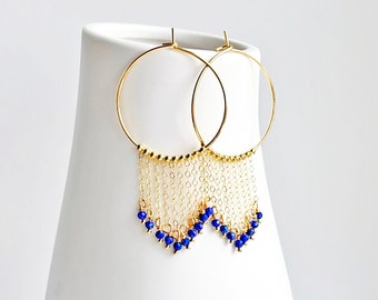 Lapis Boho Fringe Hoops • Blue Bohemian Earrings • Gold Fringe Earrings