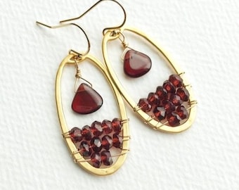 Garnet Earrings: Gold Plated Oval, Red Gemstone Jewelry