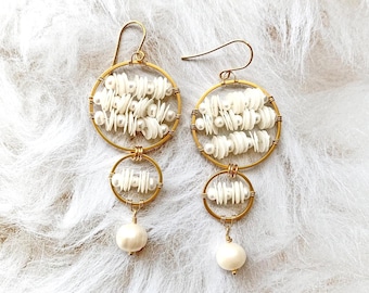 Bridal Statement Earrings, Pearl and Sequin Wedding Jewelry