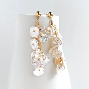 Cascading Keshi Pearl Earrings, Gold Bridal Jewelry