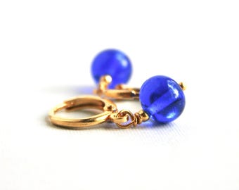Cobalt Blue Huggie Hoop Earrings, Vintage Glass, Petite Hoops