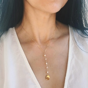 Pearl Y Necklace: Crystal Quartz, 14K Gold Filled Chain, Bridal Jewelry