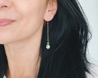 Long Jade + Jasper Earrings, Long Green Earrings, Pattern Gemstone Earring