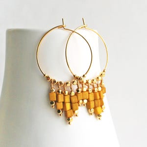Yellow Vintage Glass Hoop Earrings: 14K Gold Fill Boho Hoops