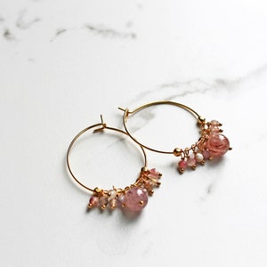 Strawberry Pink Hoops Pink Gemstone Hoops Handmade Jewelry Gift for Her image 4