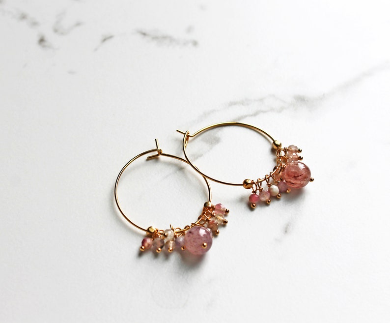 Strawberry Pink Hoops Pink Gemstone Hoops Handmade Jewelry Gift for Her image 4