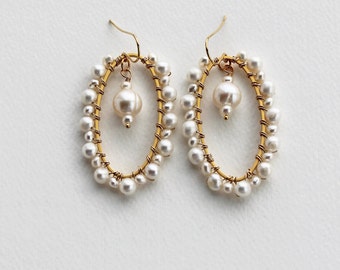 Statement Wedding Earrings • Oval Pearl Bridal Earrings • Gold Wedding Earrings