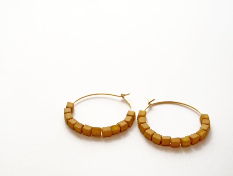 Yellow Earrings Mustard Yellow Beaded Hoop Earrings Gift Etsy