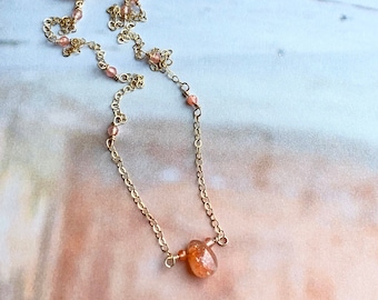 Sunstone Teardrop Necklace, Pendant Necklace, Dainty Orange Necklace