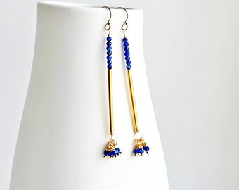 Long Lapis Modern Earrings • Long Blue and Gold Earrings