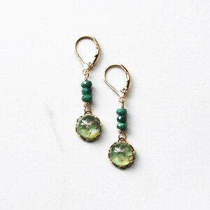 Emerald Earrings: Vintage Green Glass, 14K Gold Fill - May Birthday