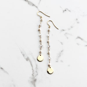 Long Pearl Crystal Bridal Earrings: 14K Gold Wedding Jewelry
