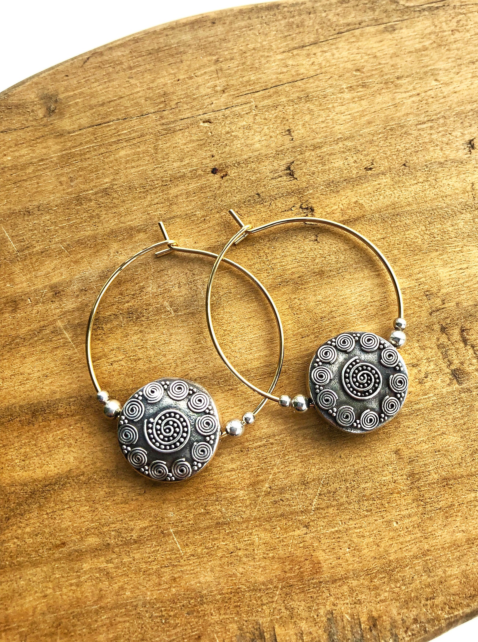 Mixed Metal Hoops Swirl Hoop Earrings Sterling Silver Beads Etsy