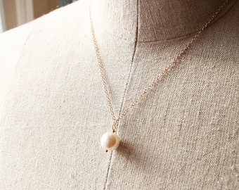 Single Pearl Necklace • Bridesmaid Necklace • Sterling Silver • 14K Gold Fill