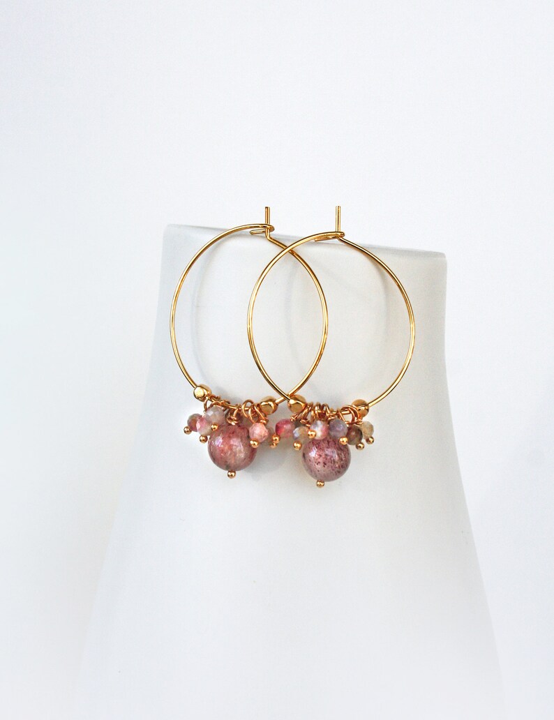 Strawberry Pink Hoops Pink Gemstone Hoops Handmade Jewelry Gift for Her image 5