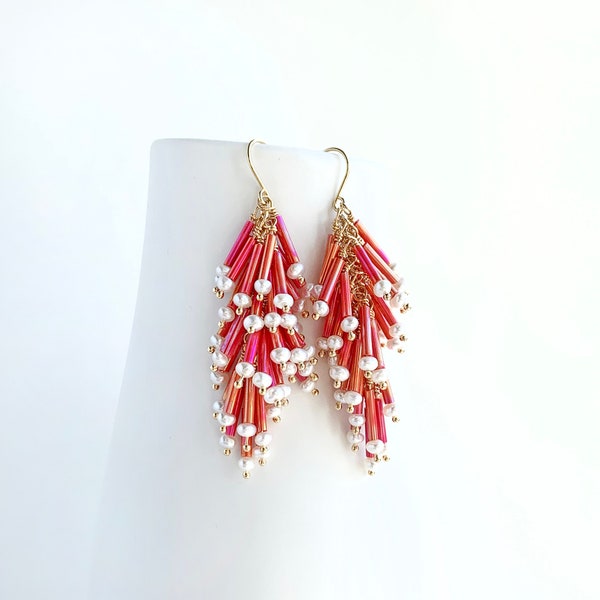 Pink Statement Earrings • Chandelier Earrings • Party Earrings • Beaded Statement Earring