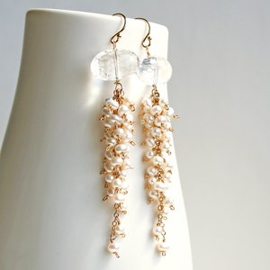Crystal Pearl Earrings, Long Bridal Earrings, Wedding Earrings