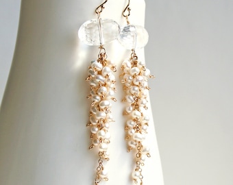 Crystal Pearl Earrings, Long Bridal Earrings, Wedding Earrings