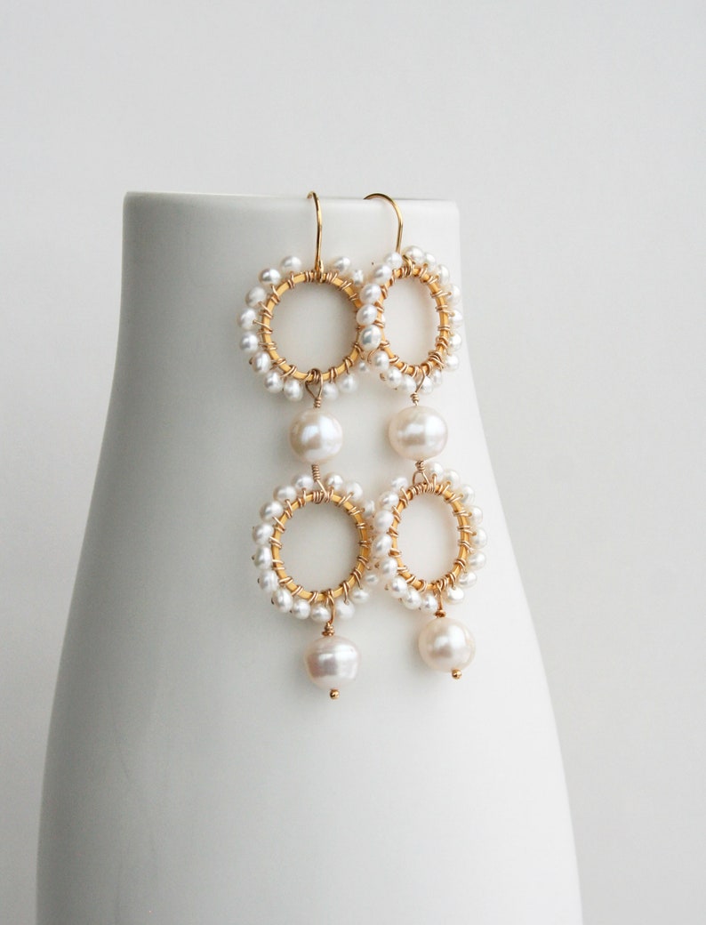 Long Pearl Earrings, Pearl Bridal Jewelry, Statement Pearl Earrings, Wedding Earrings image 1