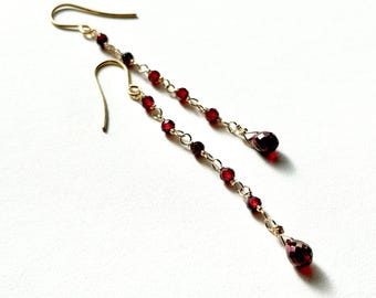 Boucles d'oreilles longues en grenat, boucles d'oreilles en pierres précieuses rouges, boucles d'oreilles faites main