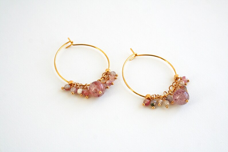 Strawberry Pink Hoops Pink Gemstone Hoops Handmade Jewelry Gift for Her image 3