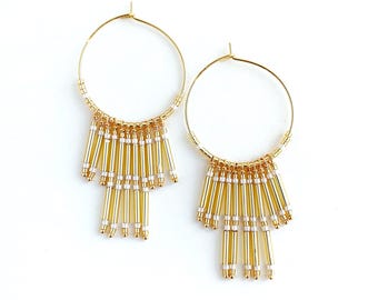 Gold Fringe Hoops, Beaded Earrings, Summer Earrings