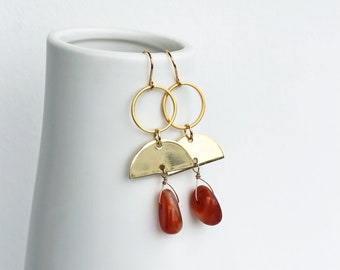 Dark Orange Boho Earrings • Long Gold Bohemian Earrings • Carnelian Earrings • Fall Style