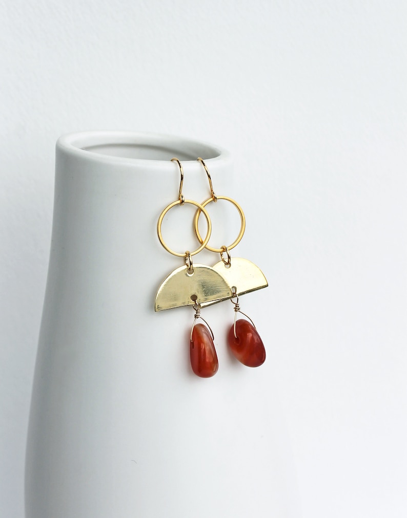 Dark Orange Boho Earrings Long Gold Bohemian Earrings Carnelian Earrings Fall Style image 1