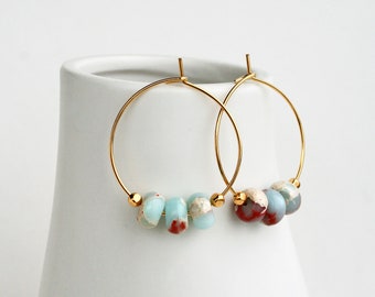 Aqua Terra Jasper Hoops, Blue Green Earrings, Summer Hoop Earrings