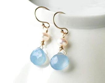Petite Blue Chalcedony Earrings, Pearl Dangle Earrings