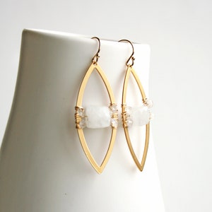 Moonstone Earrings, White and Gold Earrings, Gold Drop Earrings, Gemstone Jewelry