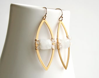 Moonstone Earrings, White and Gold Earrings, Gold Drop Earrings, Gemstone Jewelry