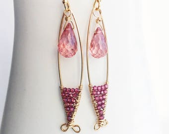 Pink Earrings, Garnet Earrings, Gemstone Earrings, Long Earrings