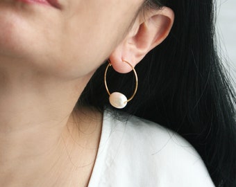 Large Pearl Hoop Earrings, Modern Wedding Hoops, Minimalist Hoop Earrings, Bridal Hoops