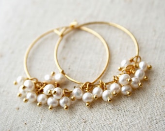 Pearl Hoop Earrings, June Birthstone, Pearl Earrings, Wedding Party Gift,  Bridesmaid Earrings