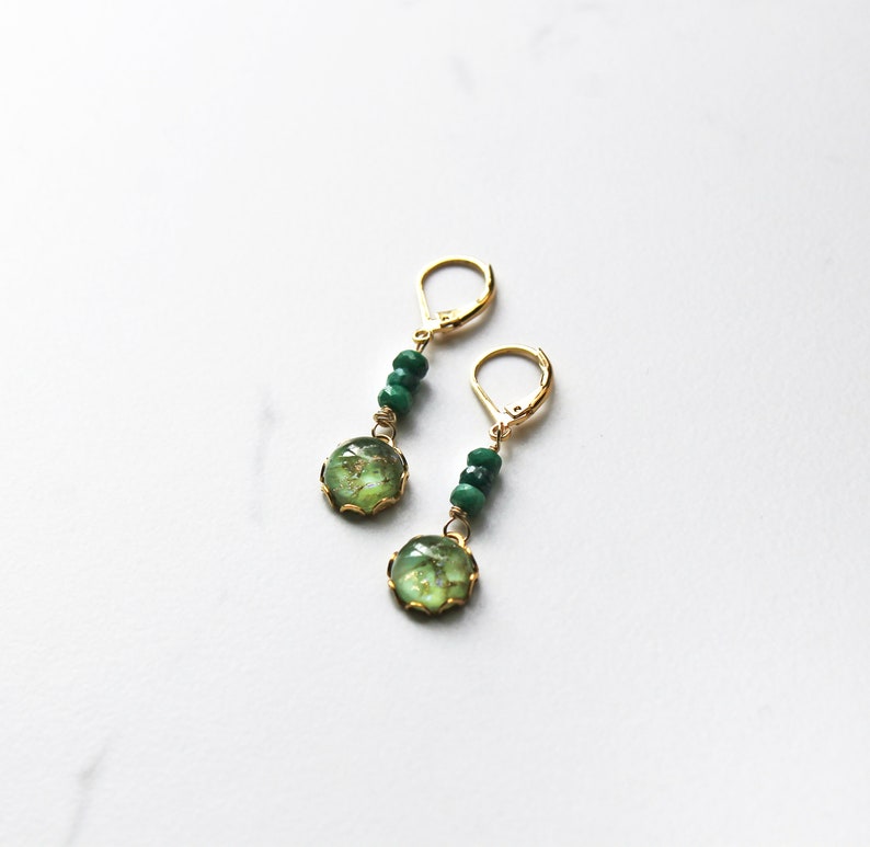 Emerald Earrings Vintage Glass Green Drop Earrings Dark Green Earrings image 3