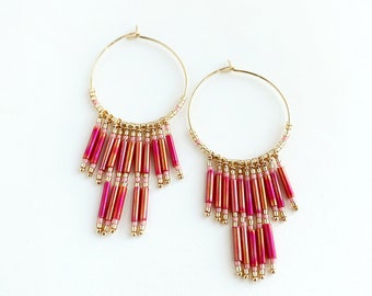 Pink Fringe Hoops • Pink Beaded Earrings • Bohemian Hoops • Colorful Statement Earrings • Hot Pink Hoops