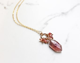 Strawberry Quartz Necklace, Pink Pendant Necklace, Gemstone Jewelry