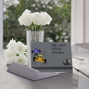 Birthday Racing Cars Holiday Cards, Boy Party Invitation, Two-Sided Print, Race Car Theme, Kids Birthday Celebration
