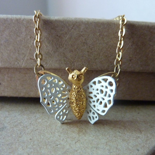 Vintage Gold, White Butterfly, Cut Out Wings, Textured Dimensional Pendant Necklace