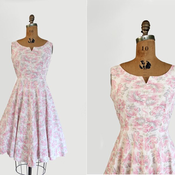 50s dress - vintage 1950s dress - sleeveless cotton dress - painterly brushstroke floral print - Medium
