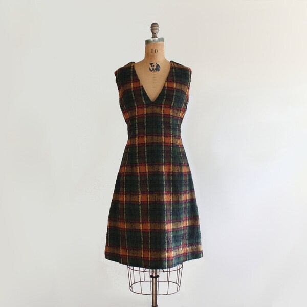 1960s dress - 60s plaid wool jumper dress - size medium large