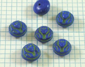 6 9mm Vintage Glass Cabochons - Blue Pharaoh Face